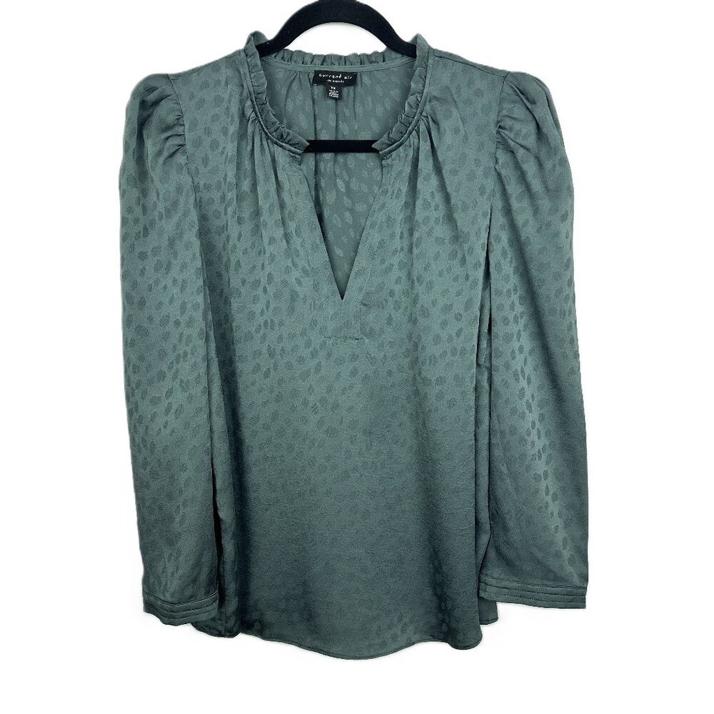 Current Air Split Neck Puff Sleeve Animal Leopard Jacquard Top Teal XS‎